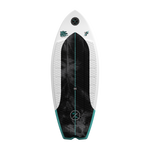 Top view of Buzzmatic wakesurf board with black traction pad and teal accents.