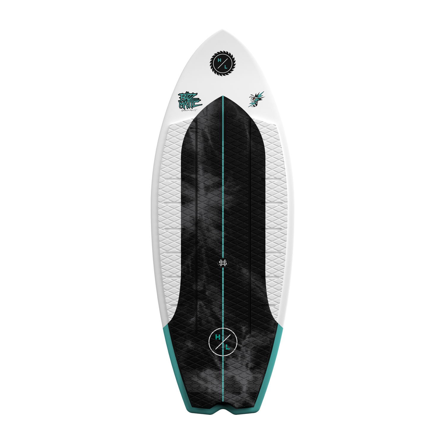 Top view of Buzzmatic wakesurf board with black traction pad and teal accents.