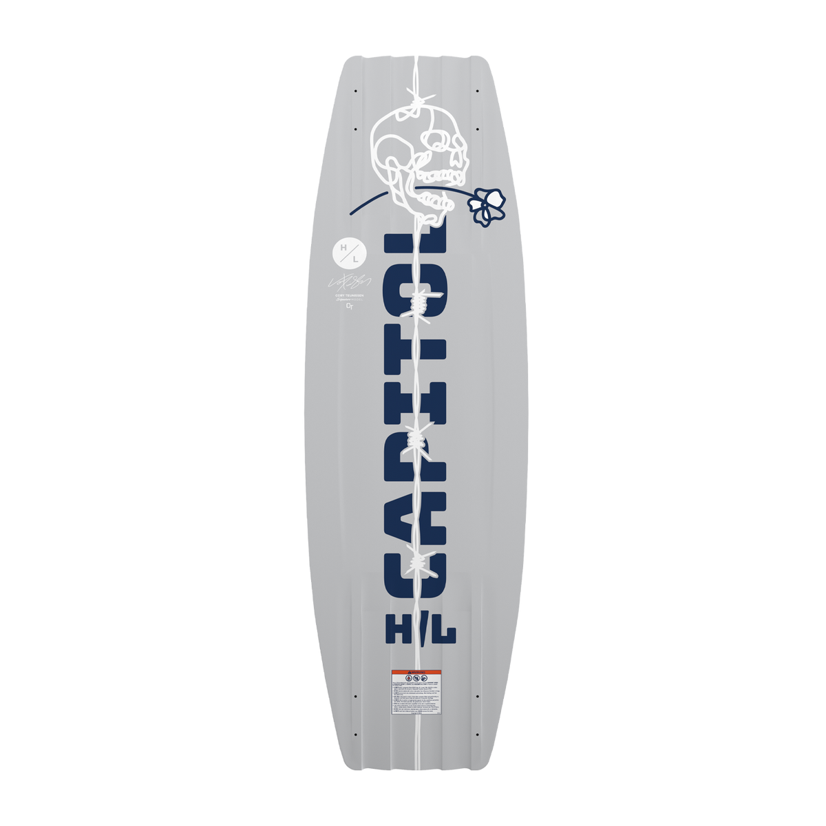 Bottom view of Capitol wakeboard in gray with bold blue lettering and skull artwork.