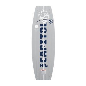 Bottom view of Capitol wakeboard in gray with bold blue lettering and skull artwork.