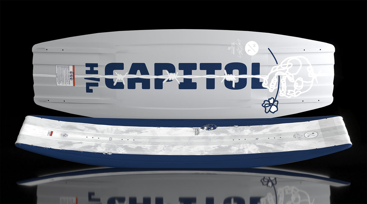 Capitol wakeboard base and top displayed side by side showing contrast graphics.