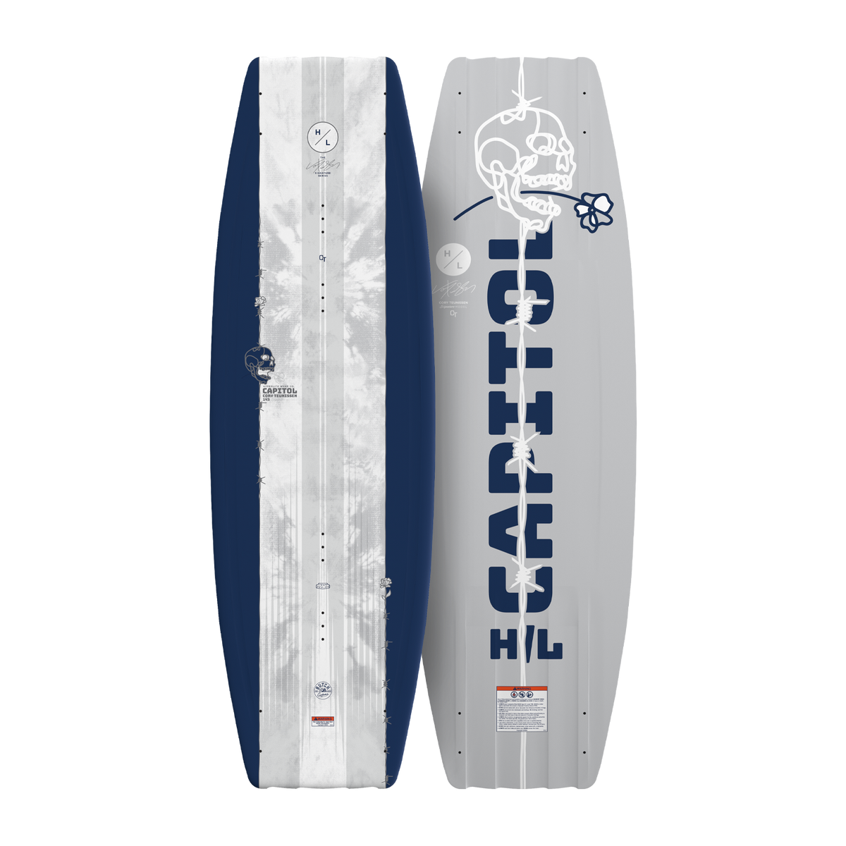 Top and bottom view of Capitol wakeboard in navy and white with skull graphic design.