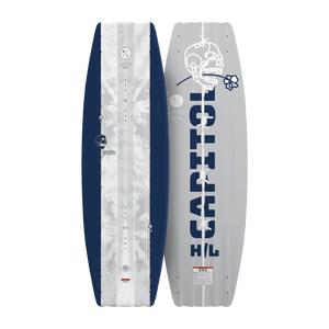 Top and bottom view of Capitol wakeboard in navy and white with skull graphic design.
