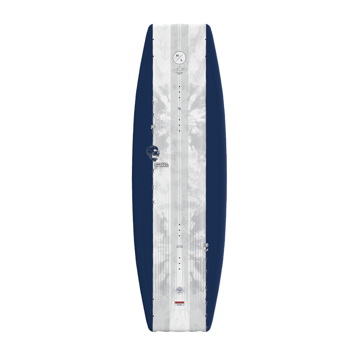 Top view of Capitol wakeboard with navy rails and light center design.