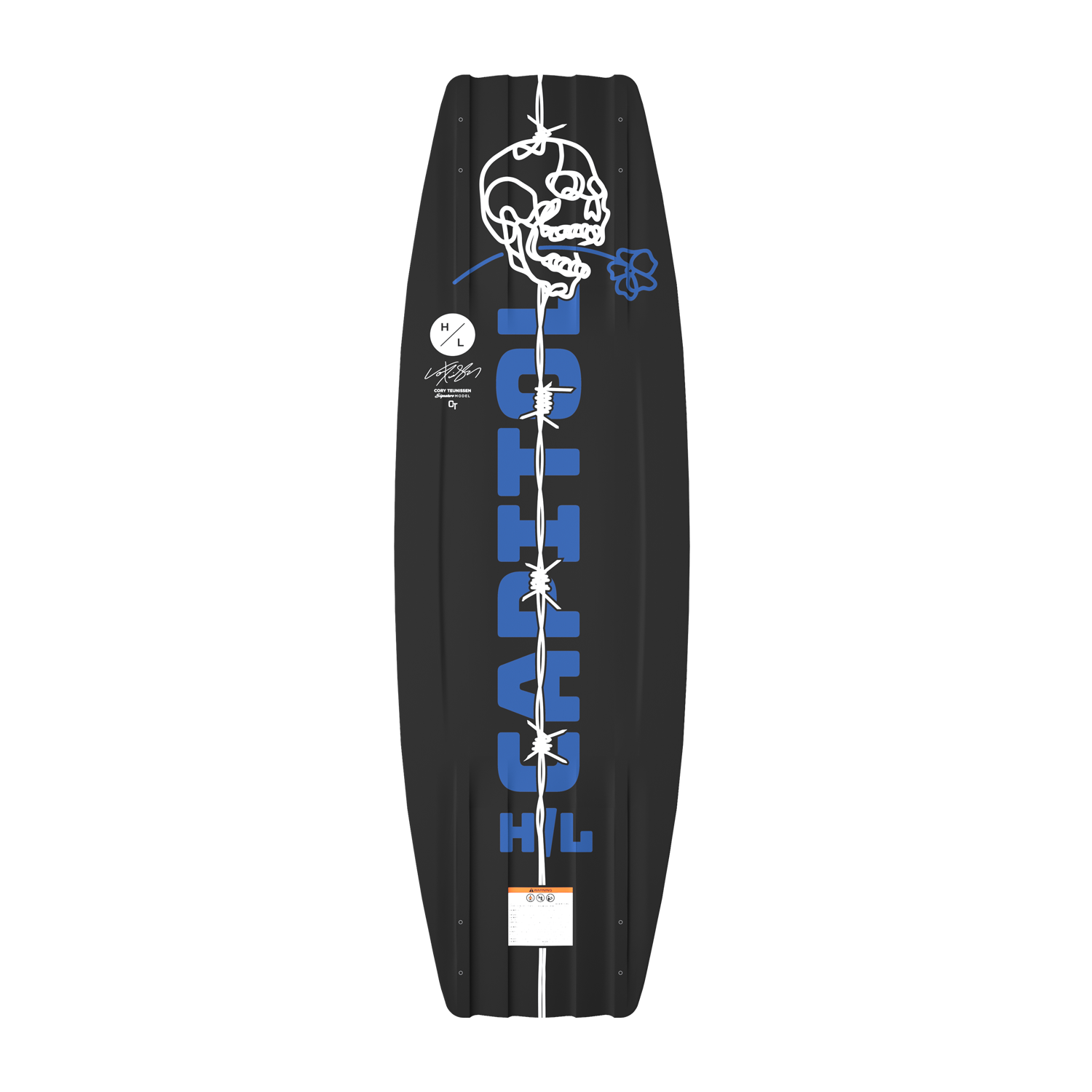 Bottom view of Capitol Loaded wakeboard with large blue lettering and skull graphic.