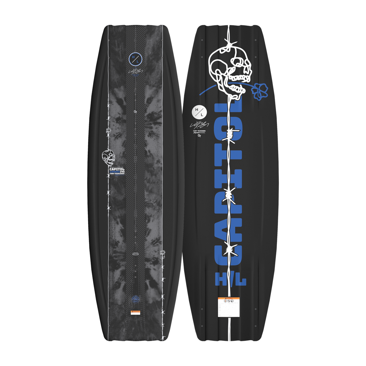 Top and bottom view of Capitol Loaded wakeboard with skull and barbed wire graphics.