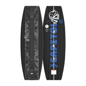 Top and bottom view of Capitol Loaded wakeboard with skull and barbed wire graphics.