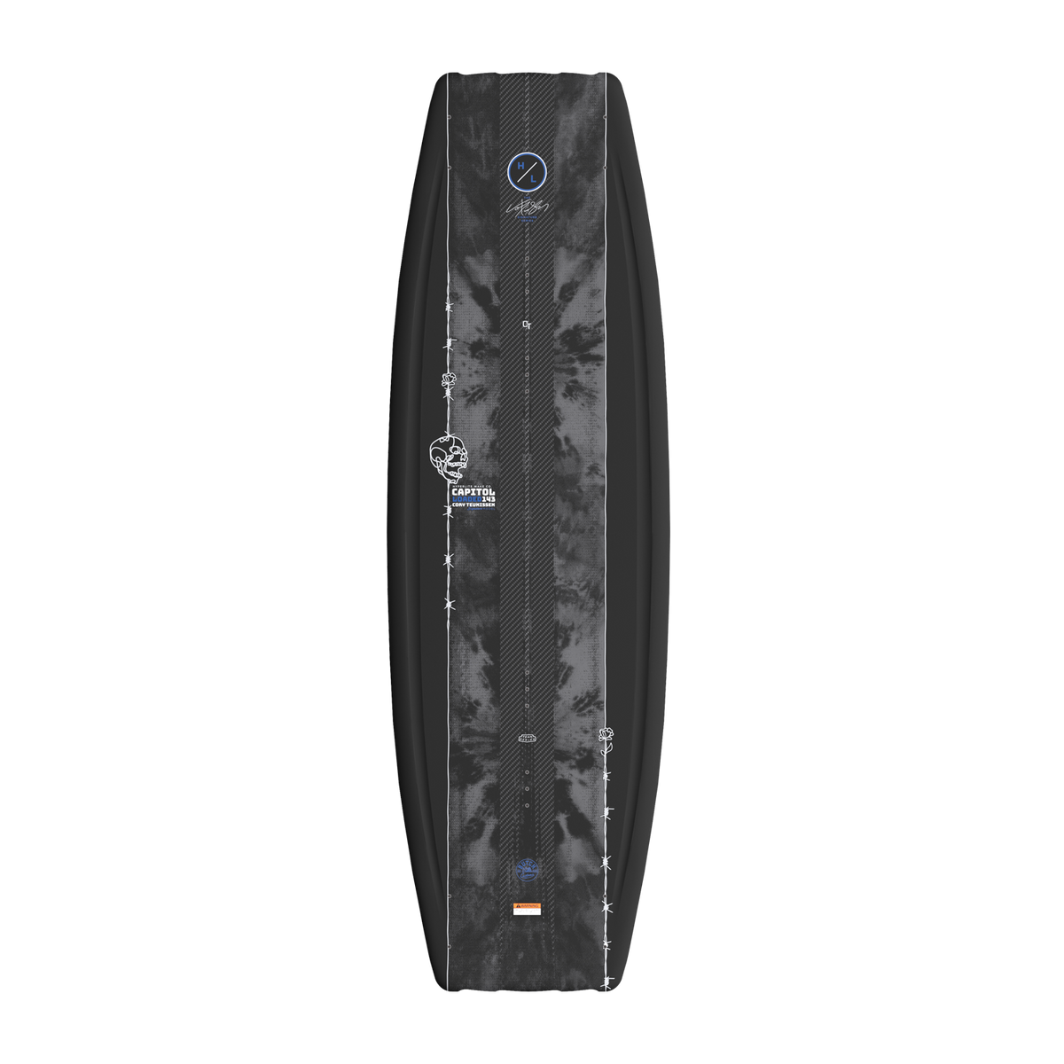 Top view of Capitol Loaded wakeboard with dark marbled base and white skull detail.