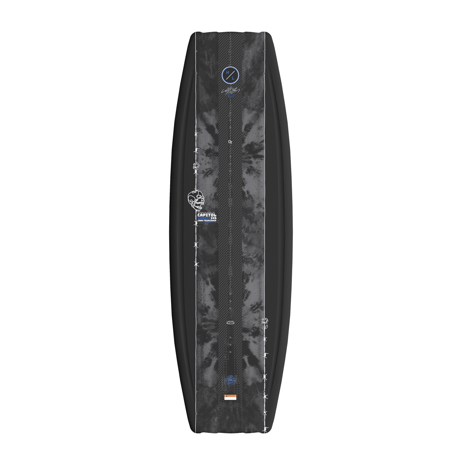 Top view of Capitol Loaded wakeboard with dark marbled base and white skull detail.