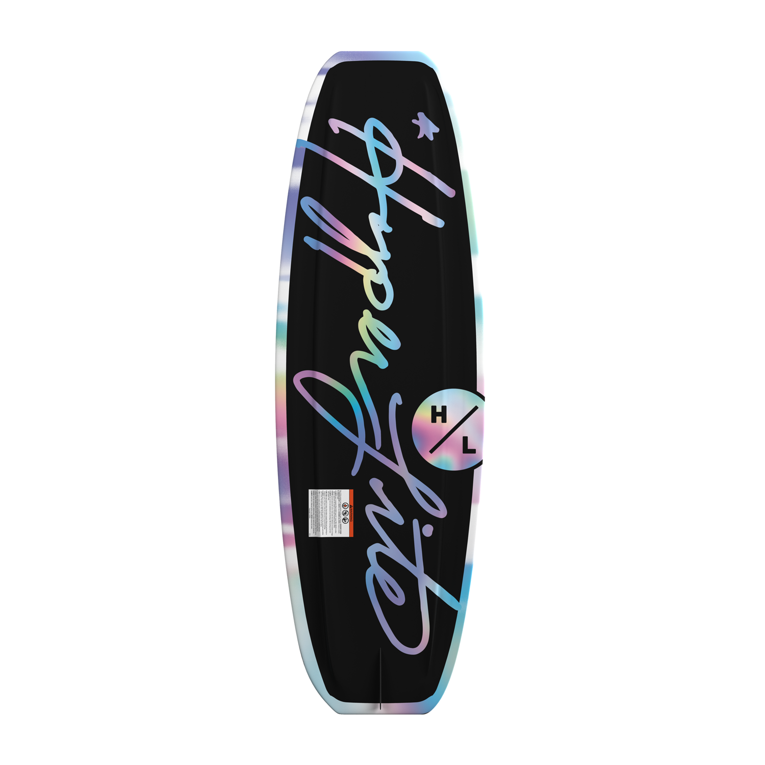 Full base view of Divine Jr. wakeboard with black background and iridescent script logo.