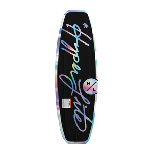 Full base view of Divine Jr. wakeboard with black background and iridescent script logo.