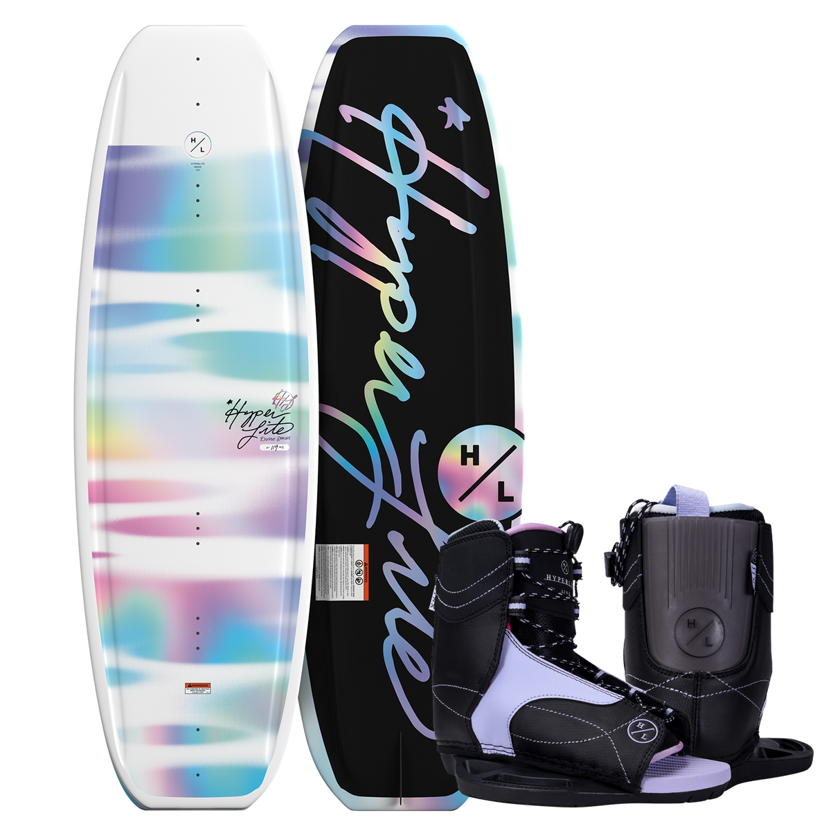 Top and bottom view of Divine Jr. wakeboard with pastel fade and black Jinx bindings with purple accents.