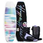 Top and bottom view of Divine Jr. wakeboard with pastel fade and black Jinx bindings with purple accents.