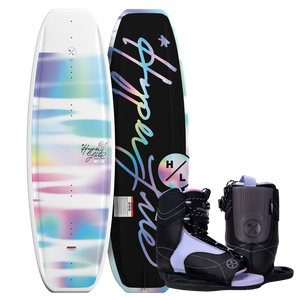 Top and bottom view of Divine Jr. wakeboard with pastel fade and black Jinx bindings with purple accents.