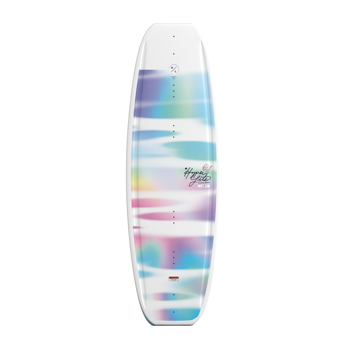 Full top view of Divine Jr. wakeboard with pastel color bands on white background.
