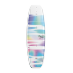 Full top view of Divine Jr. wakeboard with pastel color bands on white background.