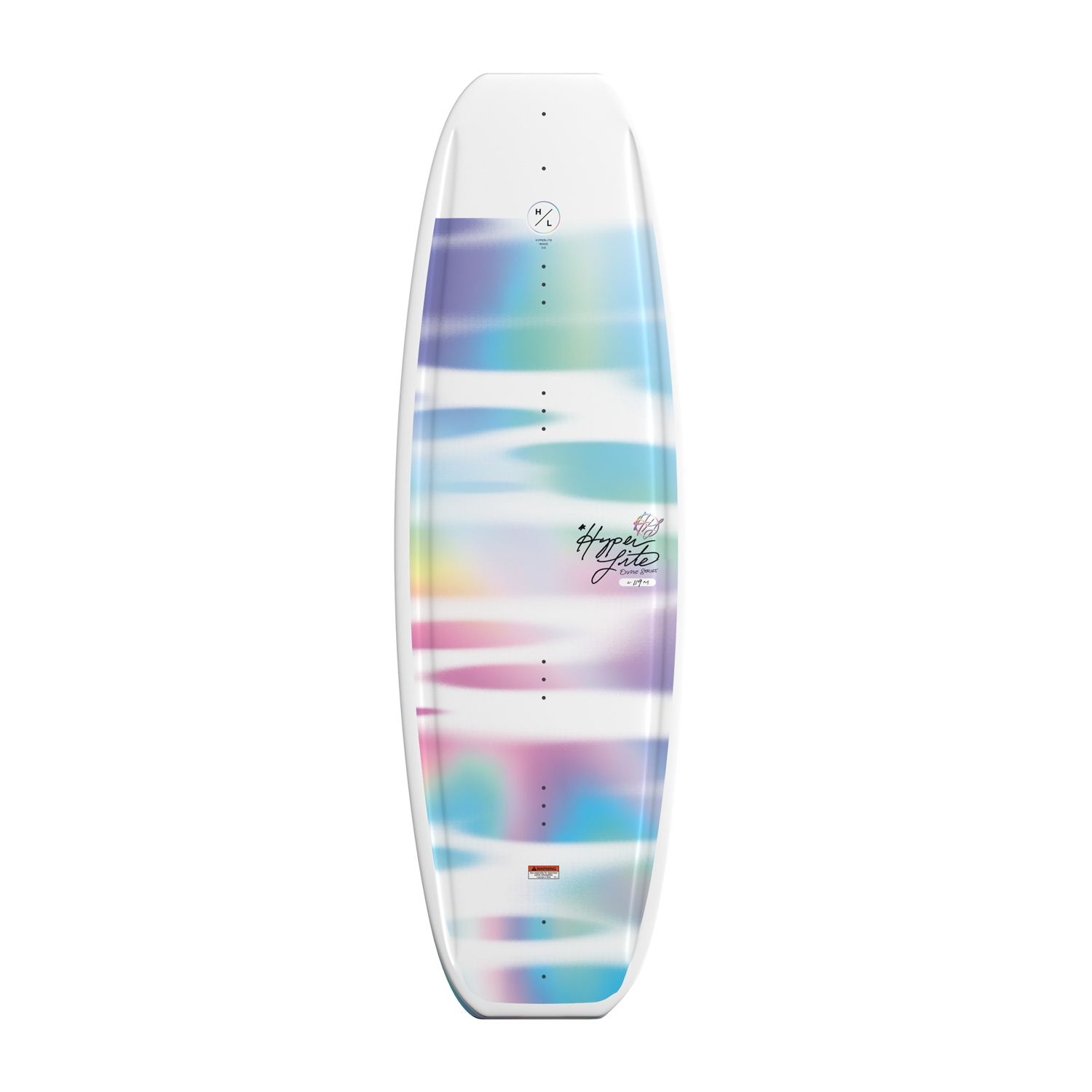 Full top view of Divine Jr. wakeboard with pastel color bands on white background.