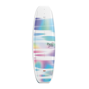 Full top view of Divine Jr. wakeboard with pastel color bands on white background.
