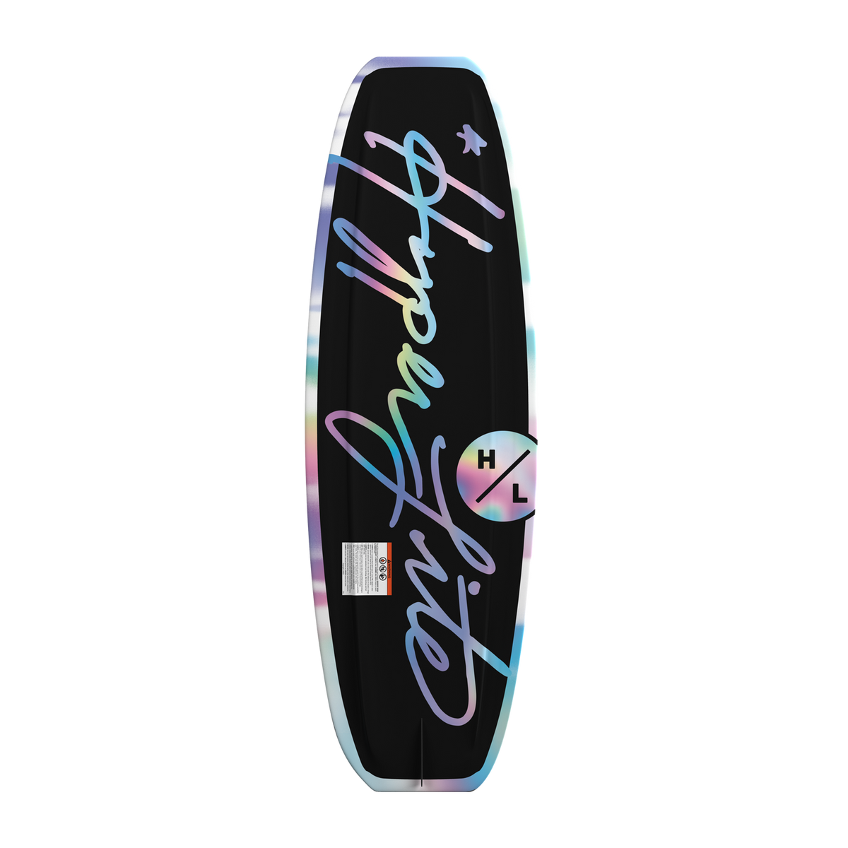 Bottom view of black Divine wakeboard with holographic script Hyperlite logo.