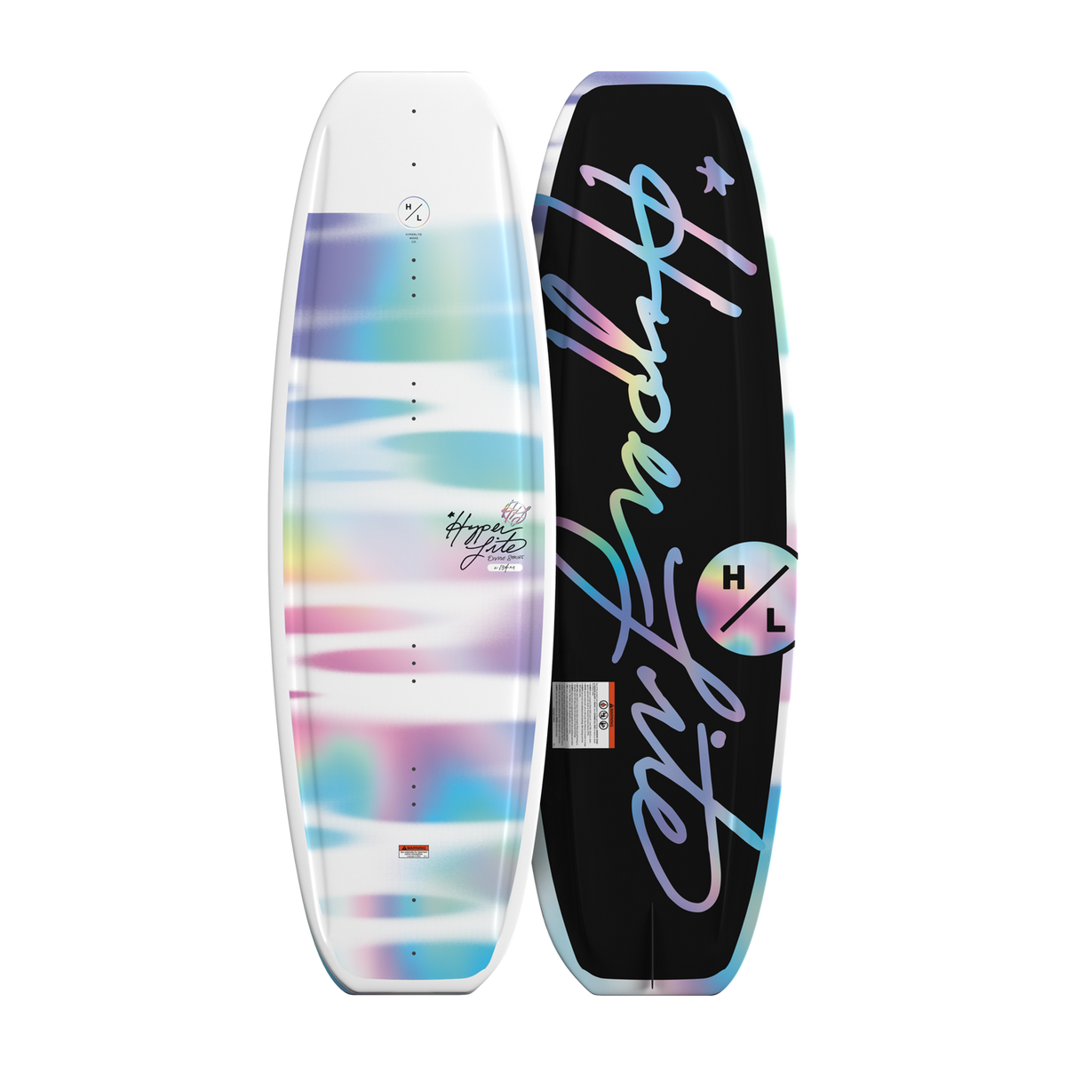 Top and bottom views of Divine wakeboard with pastel tie-dye graphic and black script logo.