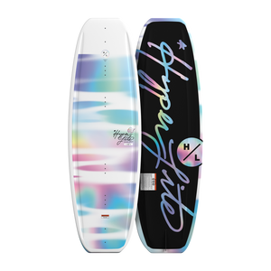 Top and bottom views of Divine wakeboard with pastel tie-dye graphic and black script logo.
