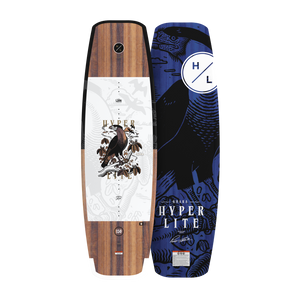 Top and base view of Guara 147cm wakeboard with wood grain top and blue bird graphic base.