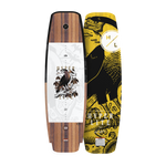 Top and base view of Guara 150cm wakeboard with wood grain top and yellow bird graphic base.