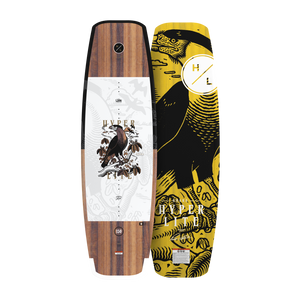 Top and base view of Guara 150cm wakeboard with wood grain top and yellow bird graphic base.
