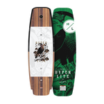 Top and base view of Guara 153cm wakeboard with wood grain top and green bird graphic base.