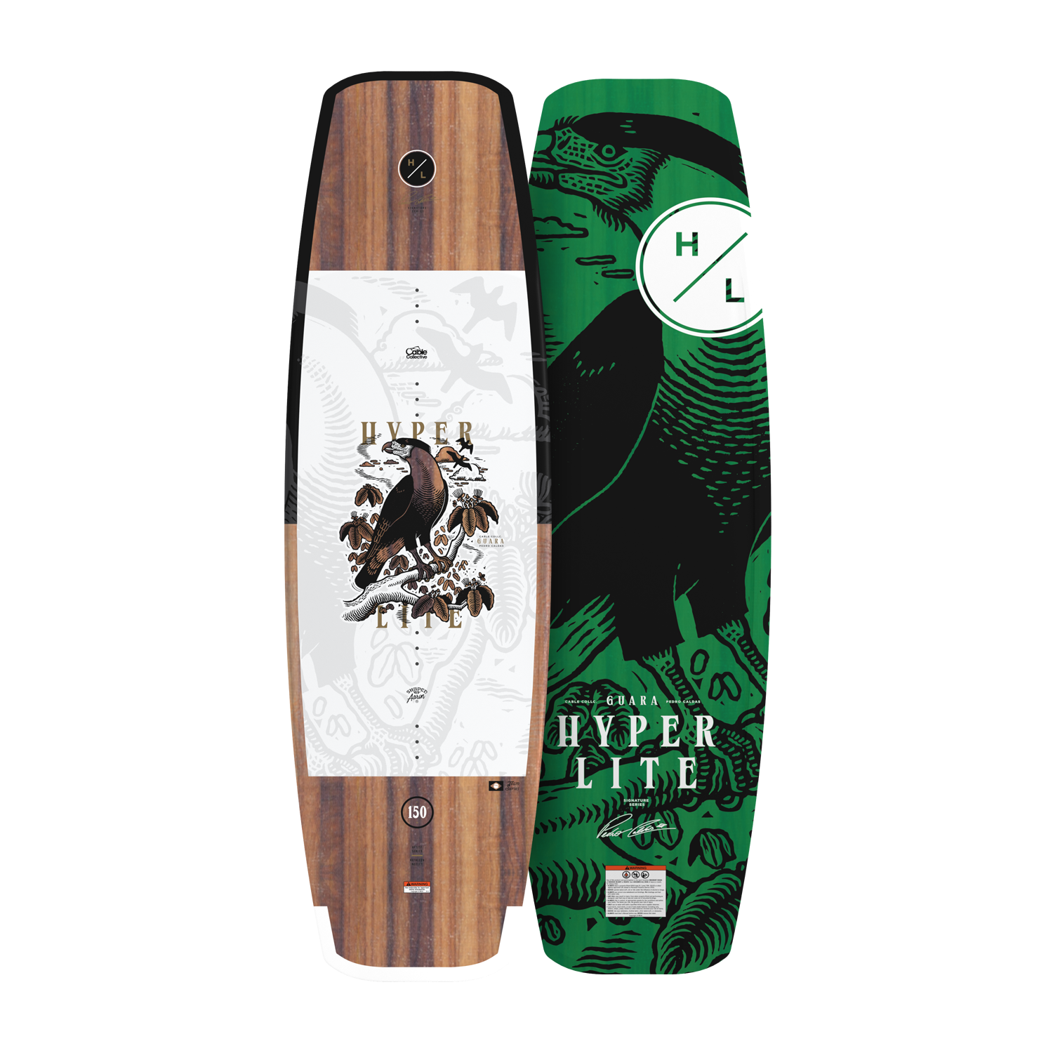 Top and base view of Guara 153cm wakeboard with wood grain top and green bird graphic base.