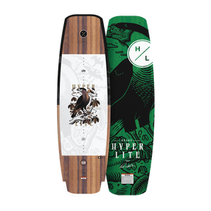 Top and base view of Guara 153cm wakeboard with wood grain top and green bird graphic base.