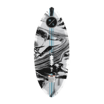Base view of the marble-patterned Hi-Fi wakesurf board with blue accents and logo details.