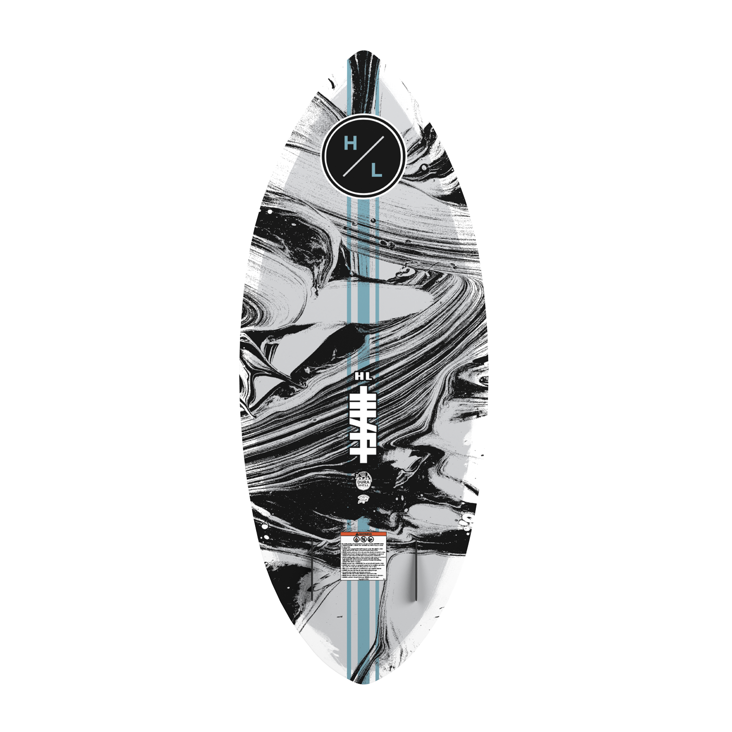 Base view of the marble-patterned Hi-Fi wakesurf board with blue accents and logo details.