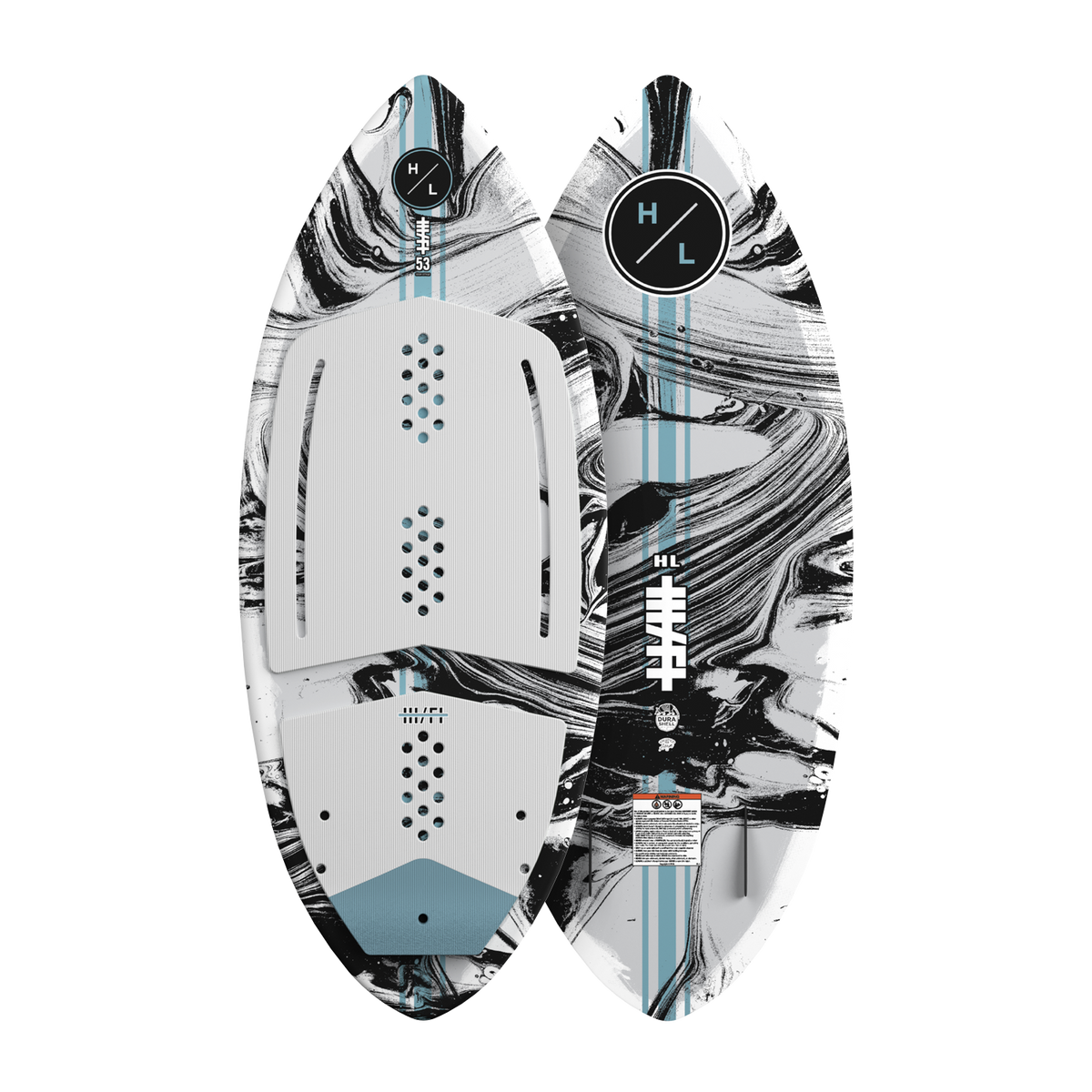 Top and base view of the Hi-Fi wakesurfer in white and black marbled design with blue accents.