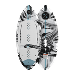 Top and base view of the Hi-Fi wakesurfer in white and black marbled design with blue accents.