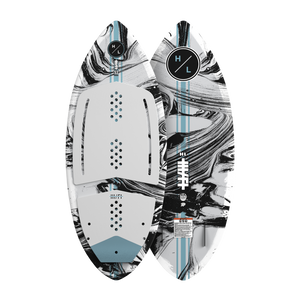 Top and base view of the Hi-Fi wakesurfer in white and black marbled design with blue accents.