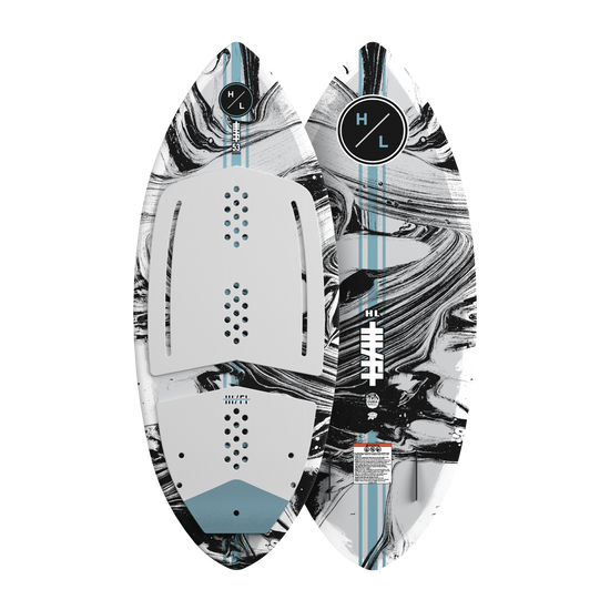 Top and base view of the Hi-Fi wakesurfer in white and black marbled design with blue accents.