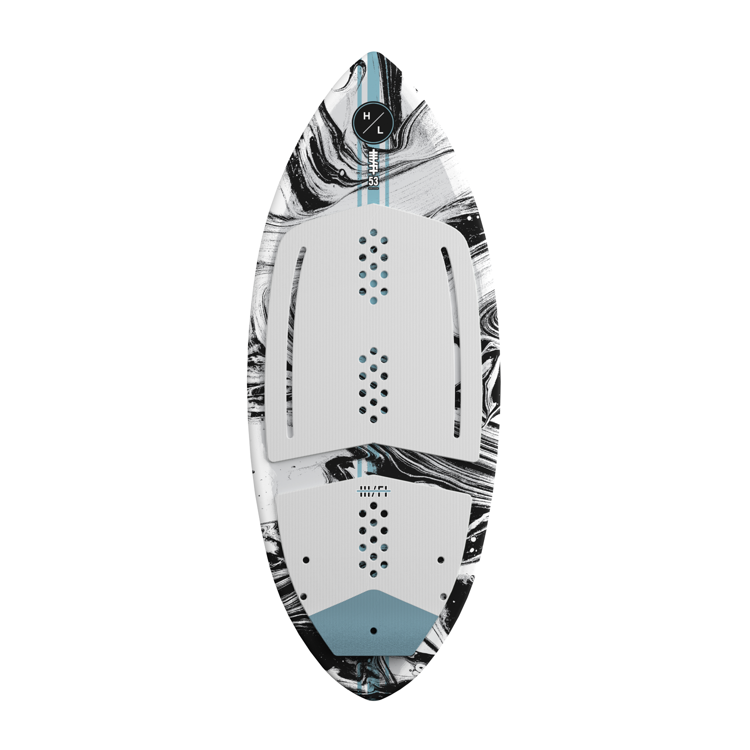 Top view of the Hi-Fi wakesurf board with white and black marble design with white traction pad.