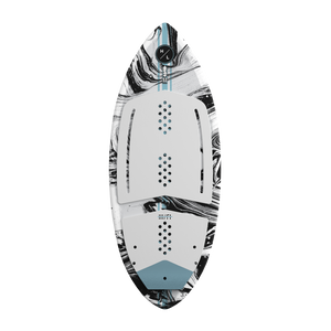 Top view of the Hi-Fi wakesurf board with white and black marble design with white traction pad.