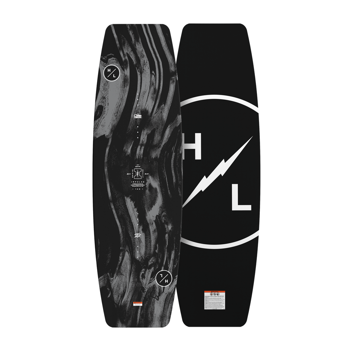 Top and base view of Impulse wakeboard with black marbled design and small circular logos.
