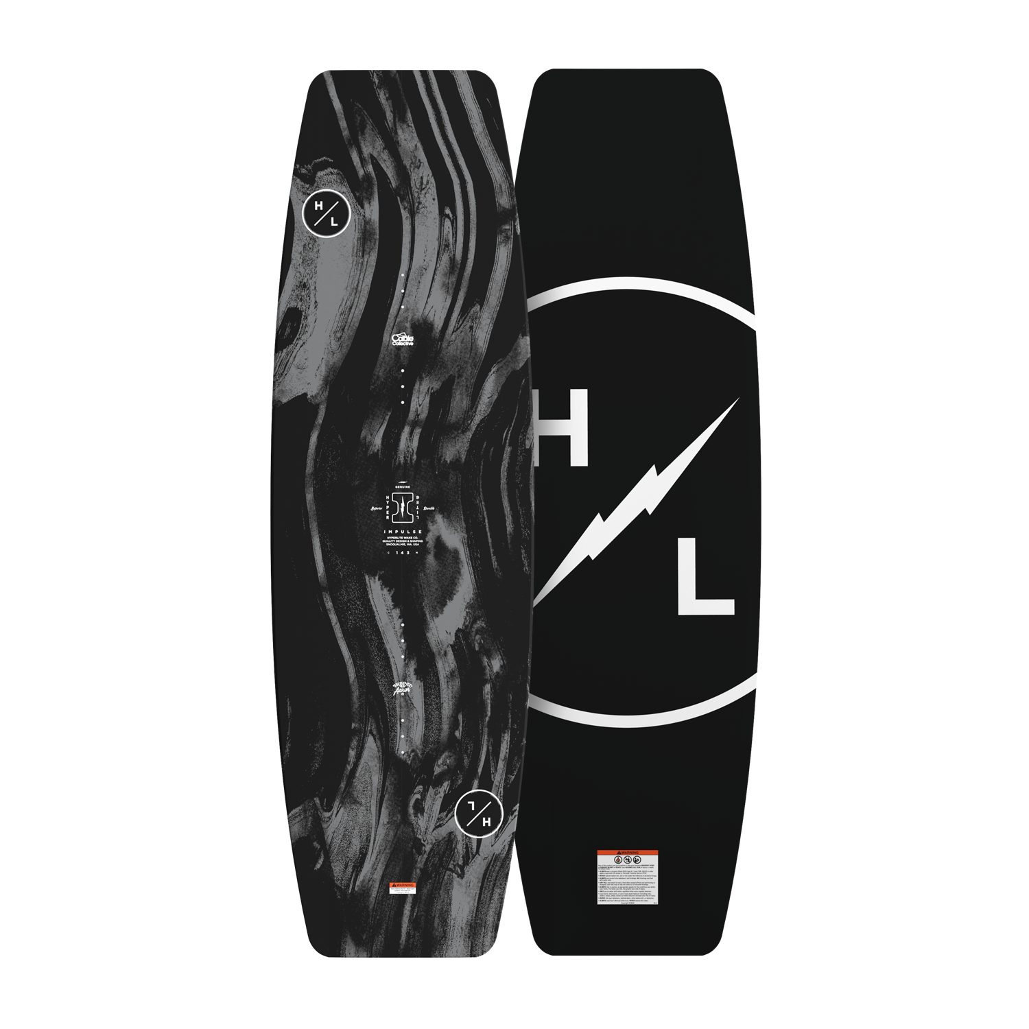 Top and base view of Impulse wakeboard with black marbled design and small circular logos.
