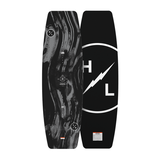 Top and base view of Impulse wakeboard with black marbled design and small circular logos.