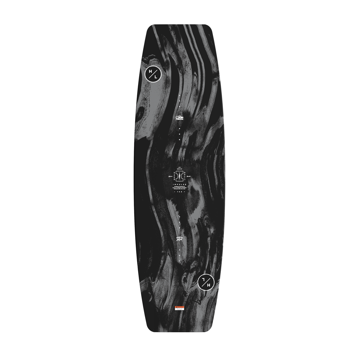 Top view of Impulse board showing black marbled pattern with text and logo accents.