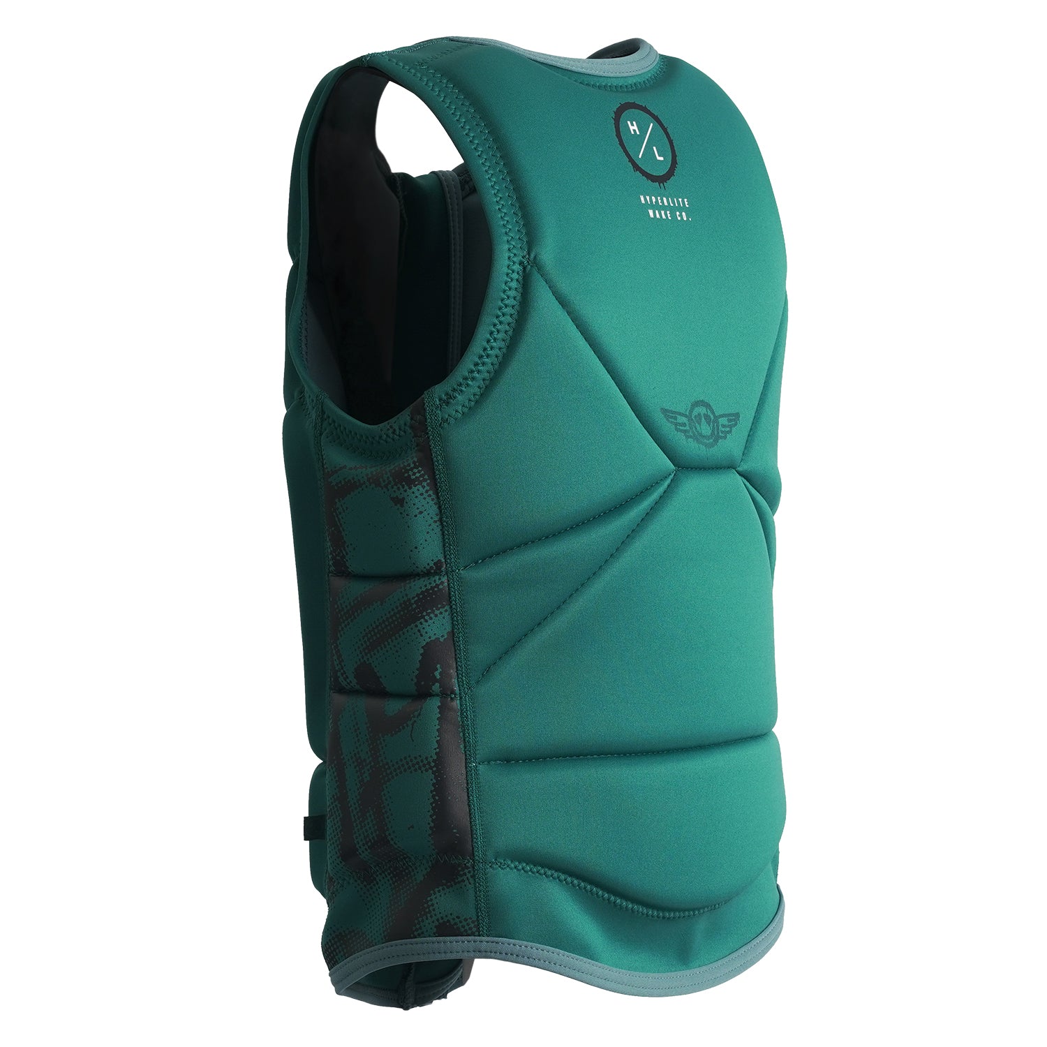 Rear angled view of Journey Jacket showing curved hem and padded teal panel design.