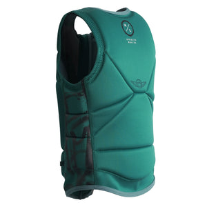 Rear angled view of Journey Jacket showing curved hem and padded teal panel design.