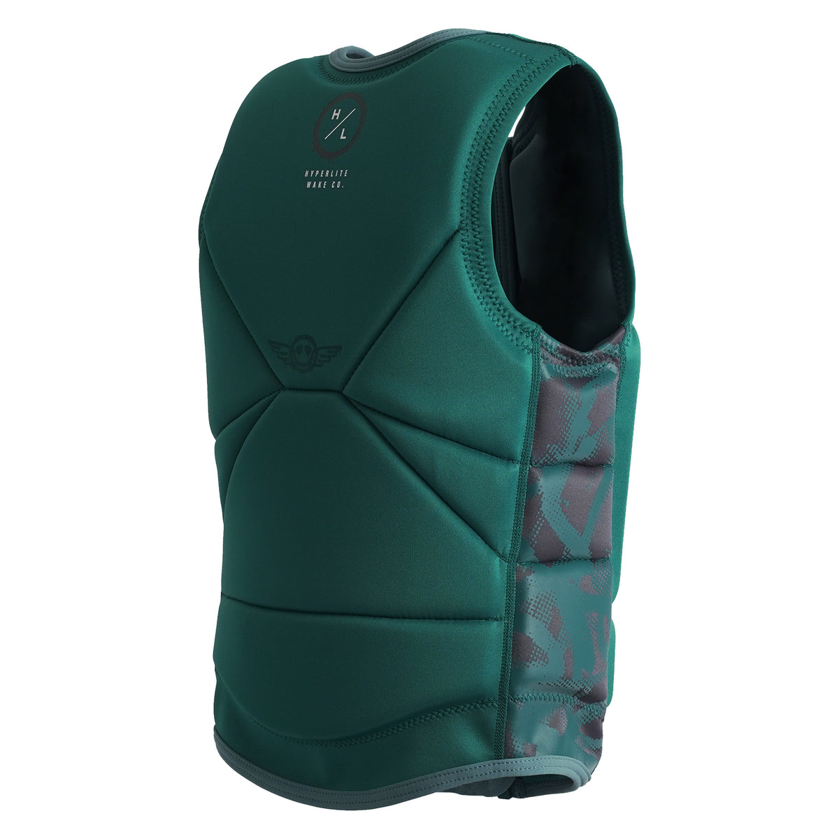 Rear angled view of Journey Jacket showing teal back with HL logo and black printed sides.