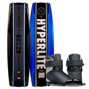 Top and bottom view of Kruzr wakeboard in black and blue gradient with black Session bindings.