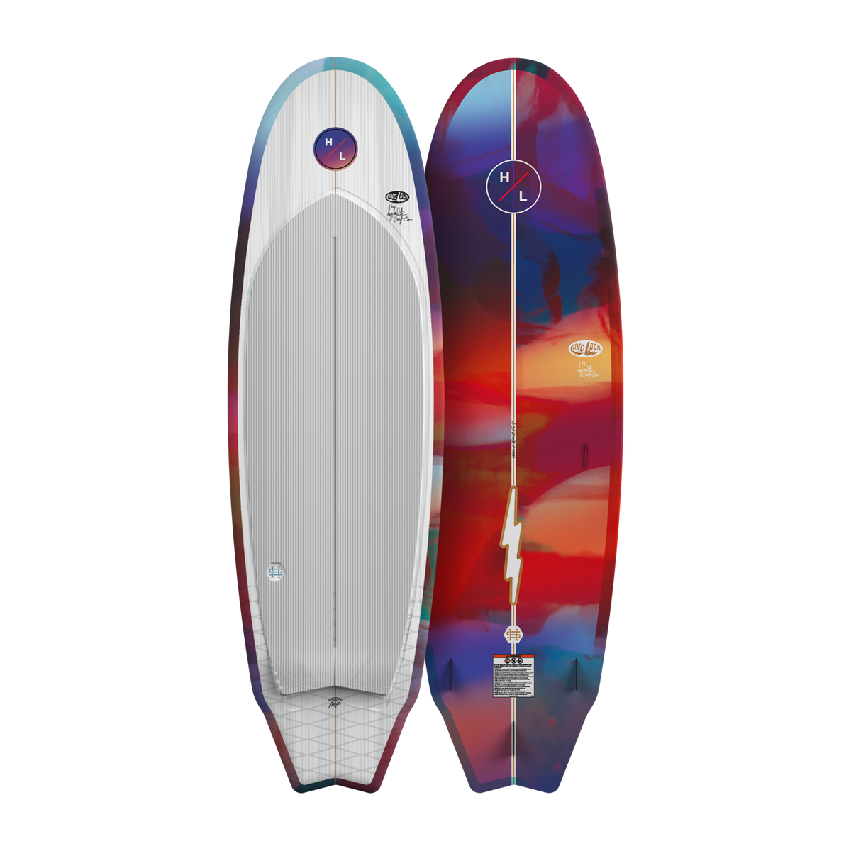 Top and base view of Landlock board showing white deck with traction pad and abstract underside.
