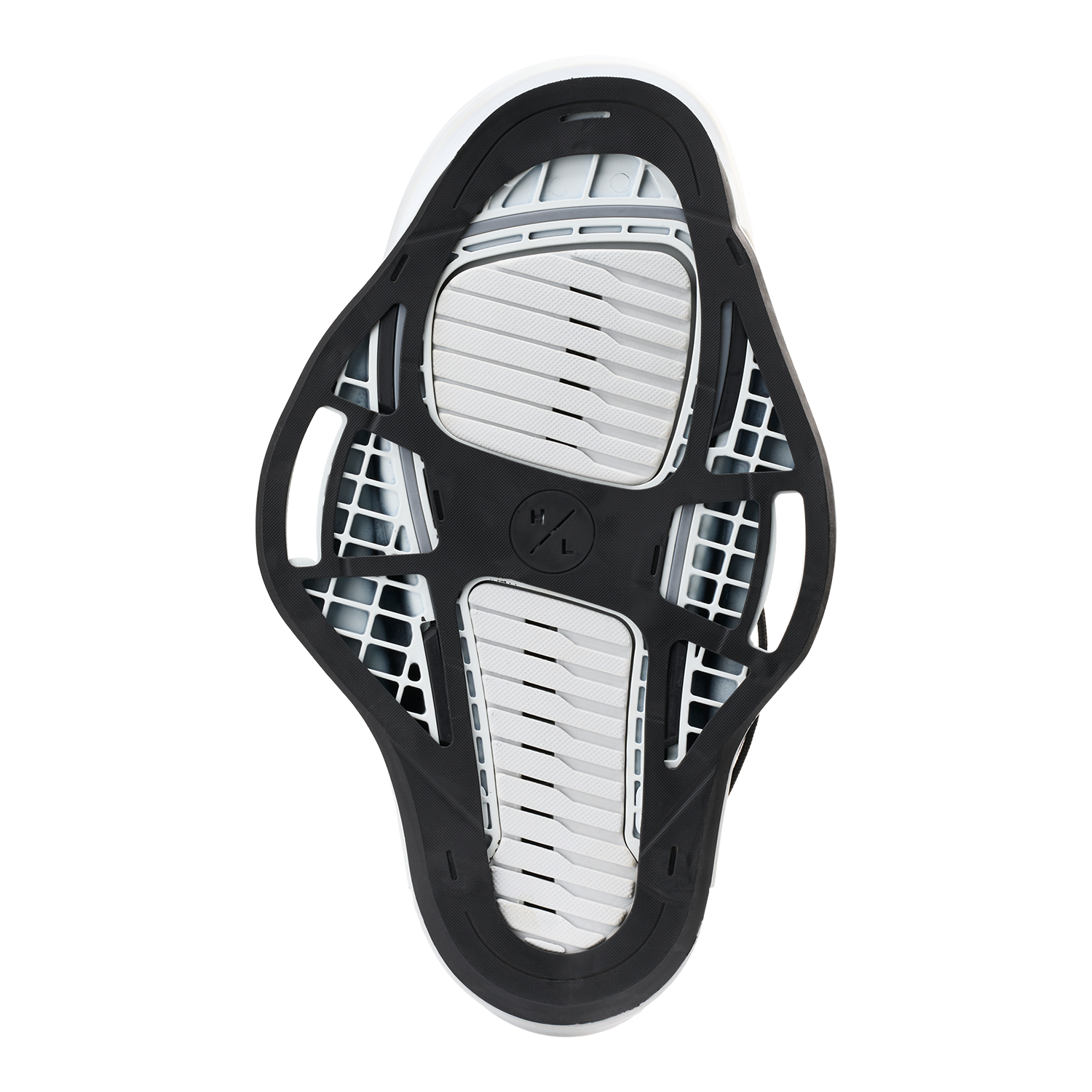 Bottom view of the MID Binding with black frame and white textured traction panels.