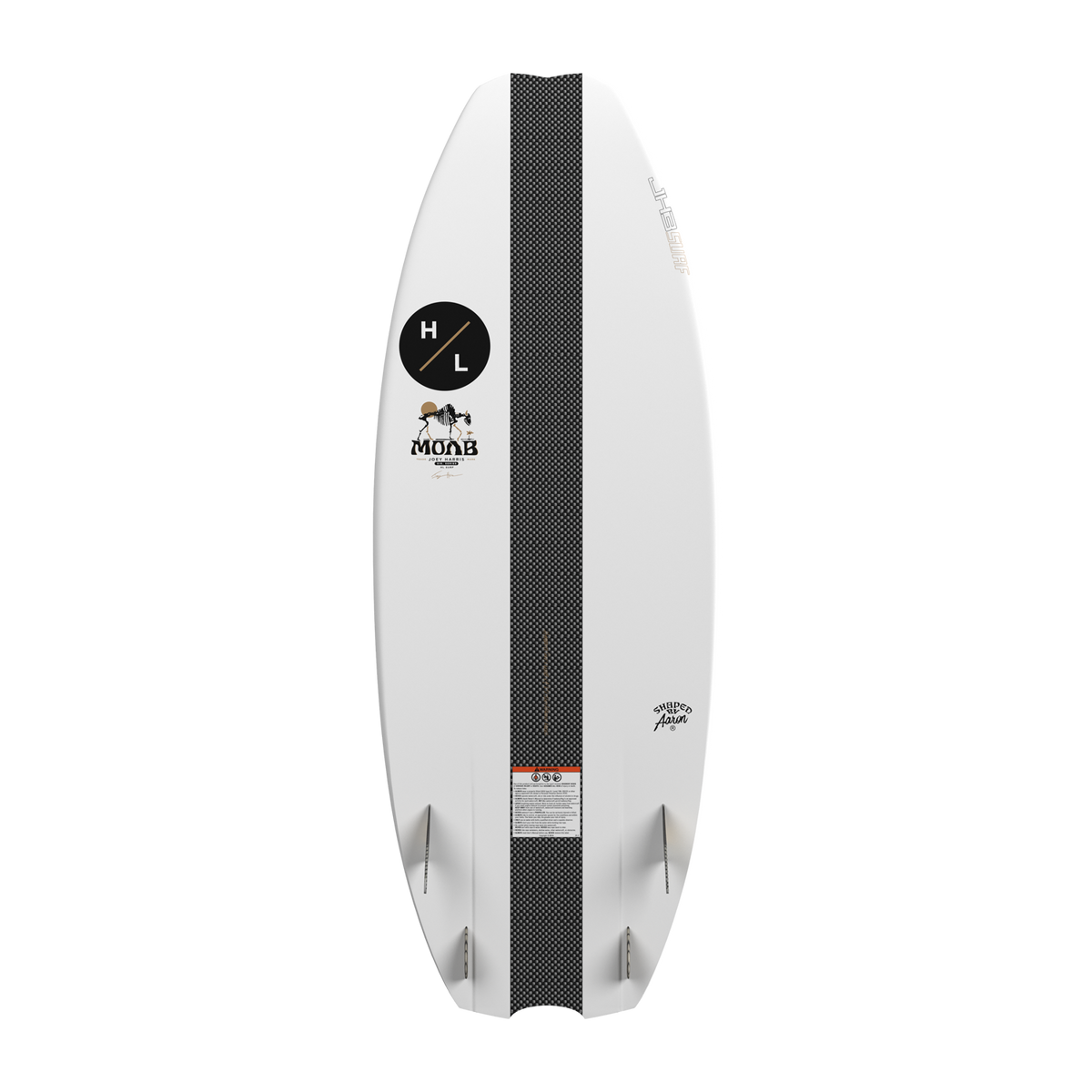 Bottom view of MOAB board with HL and MOAB logos, fins, and carbon fiber stripe.